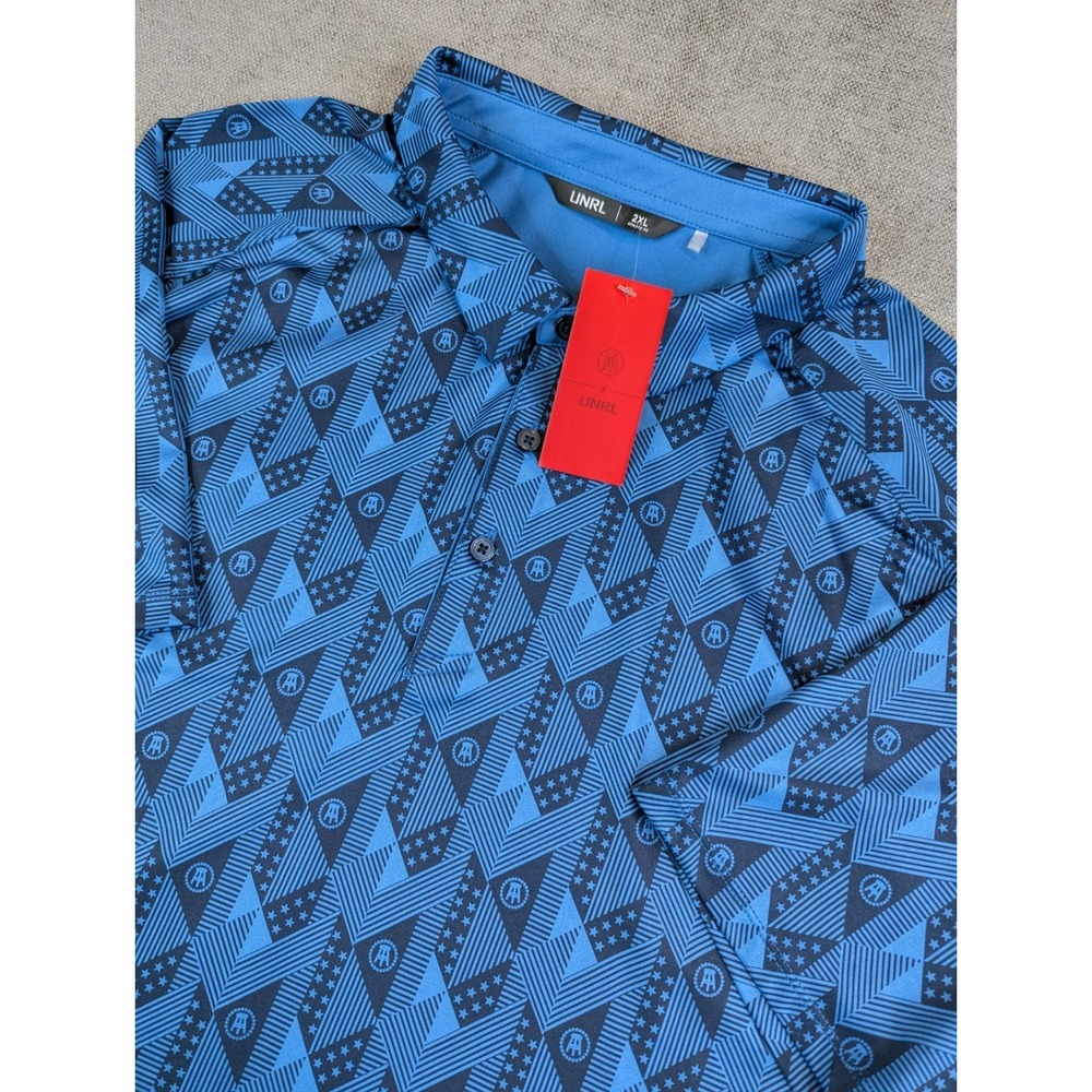 NWT UNRL Polo Shirt Mens 2XL Blue Barstool Sports Golf Performance USA Flag AOP
